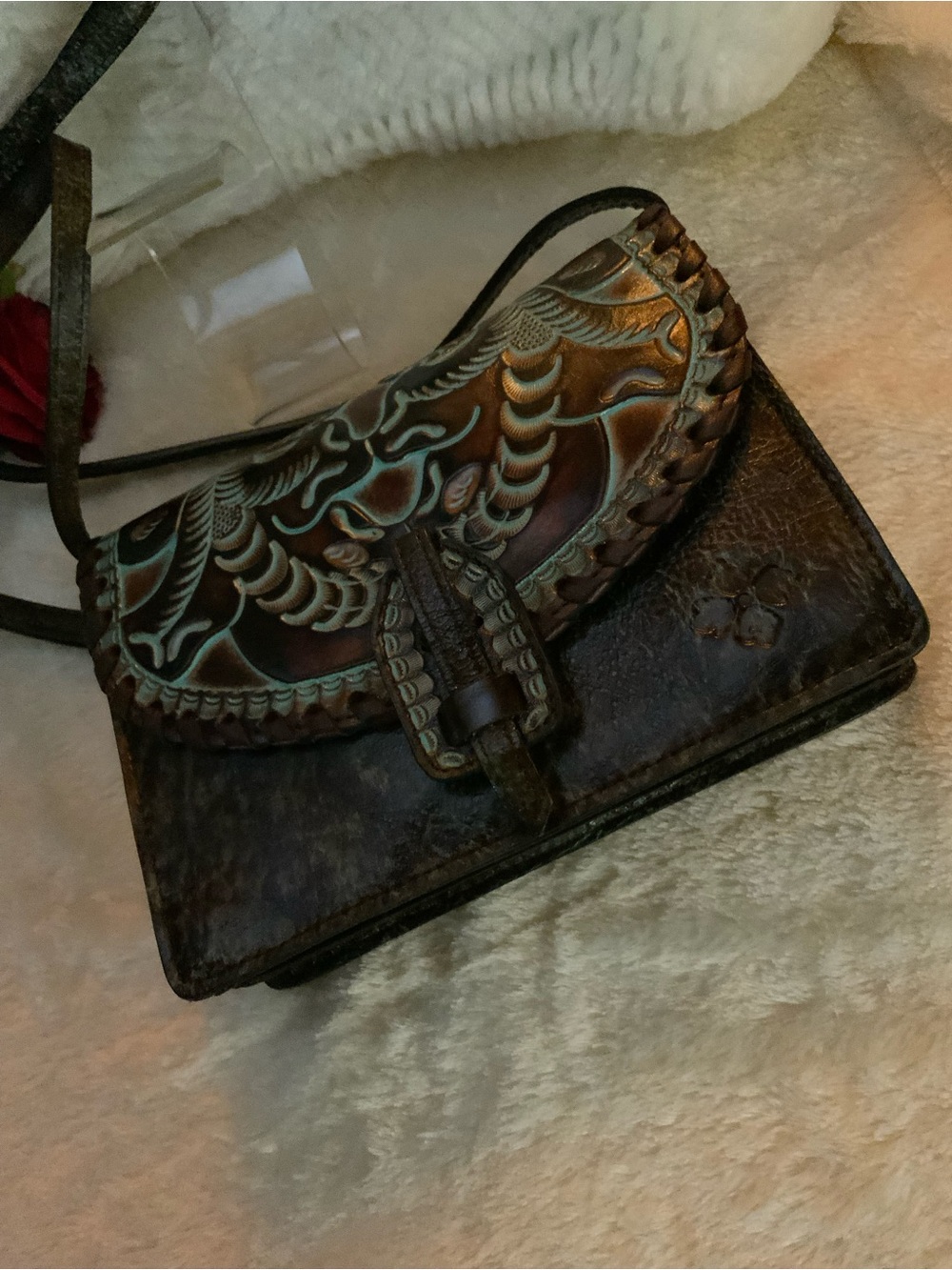 Patricia Nash Handcrafted Tooled Leather Crossbody/Bag in Brown and Turquoise - Picture 9 of 9